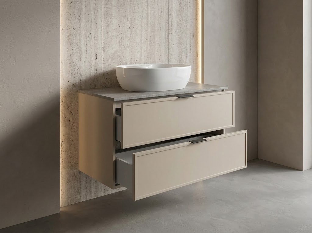 Mobile sospeso tortora con lavabo da appoggio