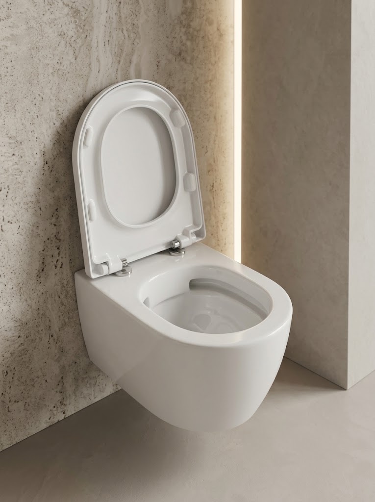 WC sospeso con sedile e coperchio aperti